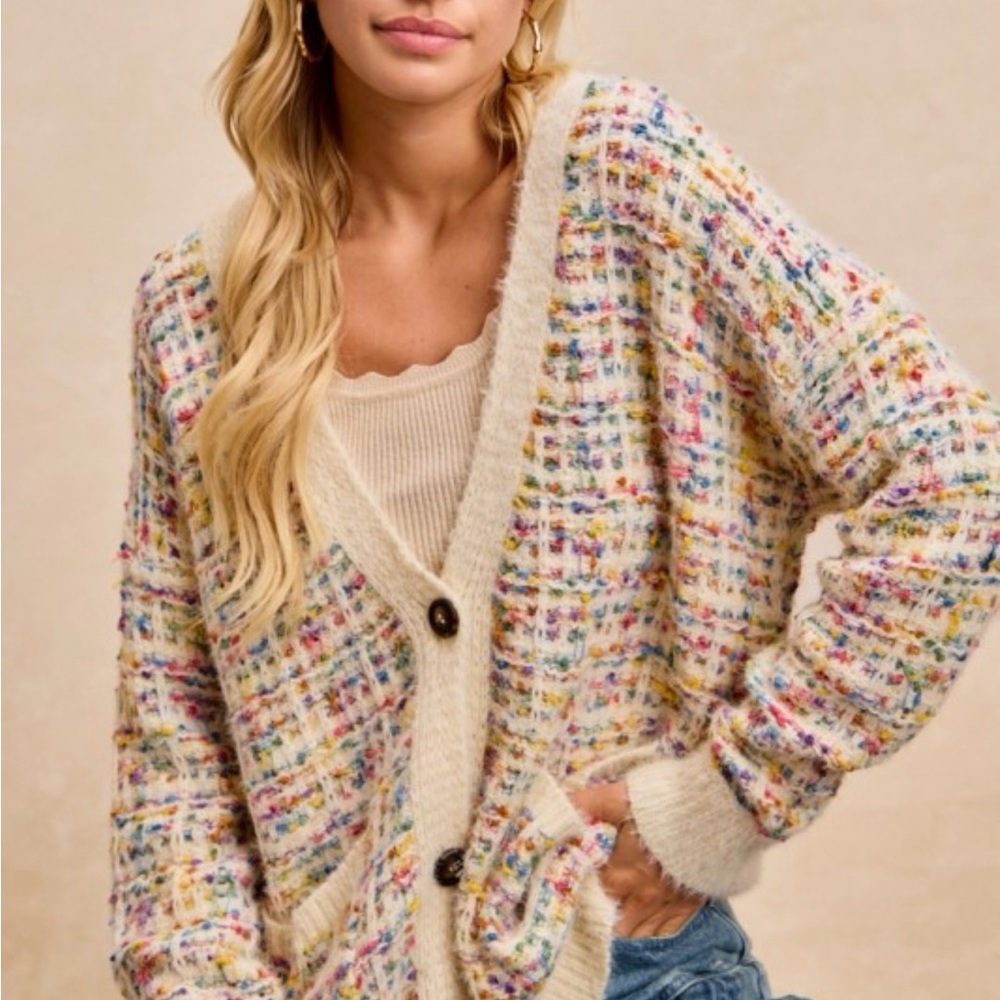 BiBi NWT Cream Multicolor Knit Cardigan
